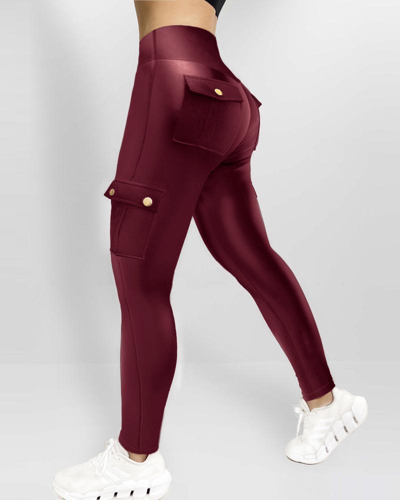 

ChicMe Leather Pants for Women High Waist Cargo Pockets Stretch Pants Leather Leggings, Wine red