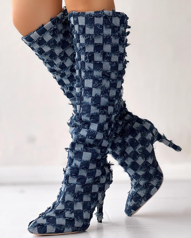 

Plaid Raw Hem Stiletto Heel Knee-High Denim Boots, Blue