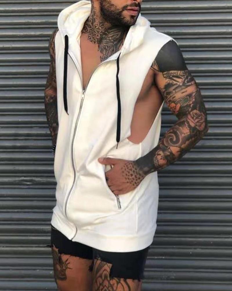 

Solid Sleeveless Zip-up Hooded Sleeveless Sweatshirt Vest Coats, White