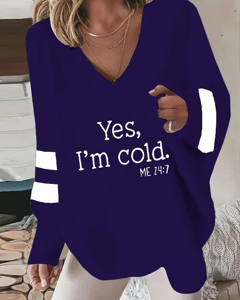 

Yes I' Cold Slogan Print Striped V-Neck Top, Blue