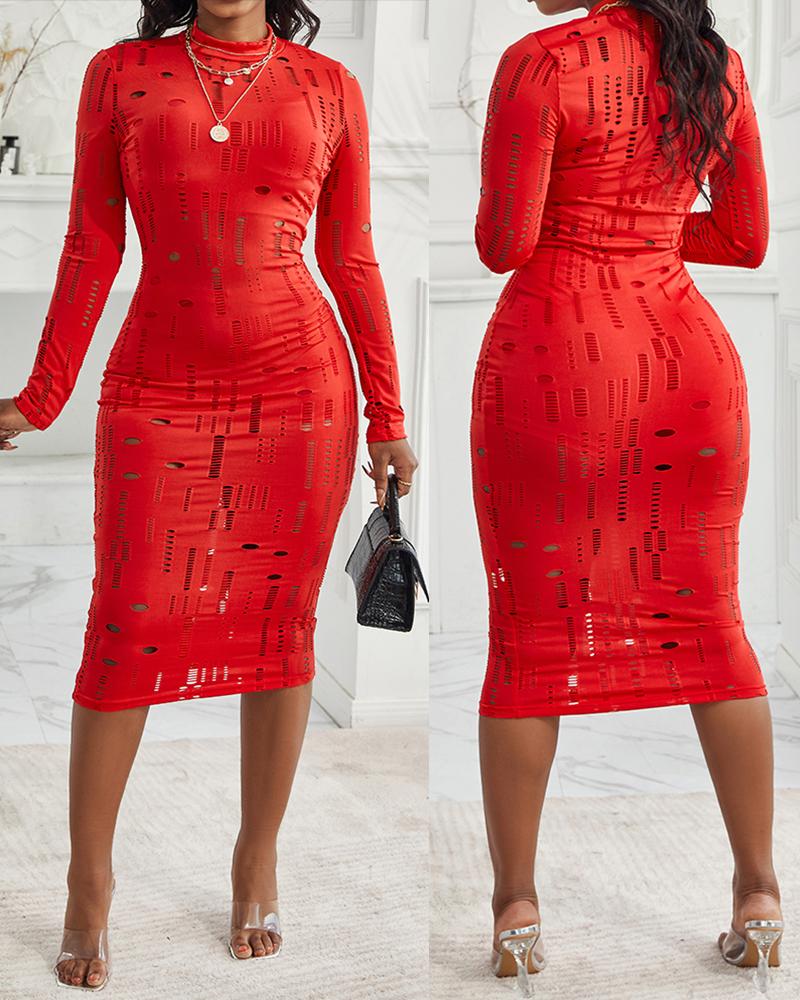 

Long Sleeve Hollow Out Ruched Bodycon Dress, Red