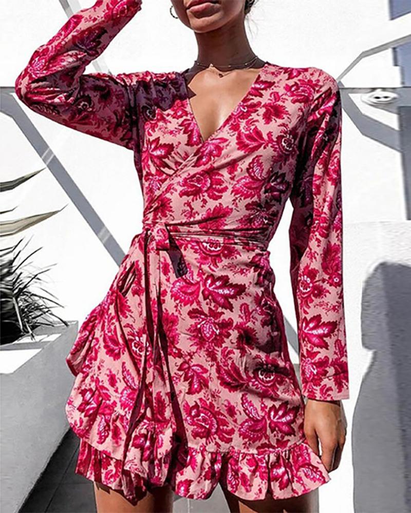 

Floral Print Tied Detail Ruffle Hem Dress, Red