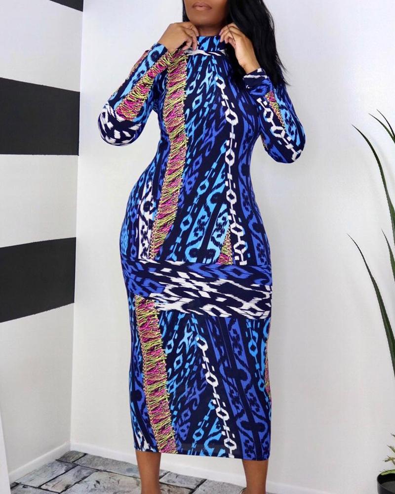 

All Over Print Skinny Midi Dress, Blue