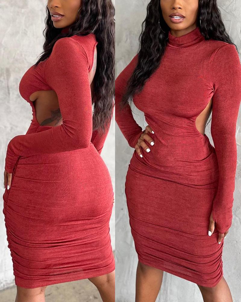 

Long Sleeve Backless Ruched Bodycon Dress, Red