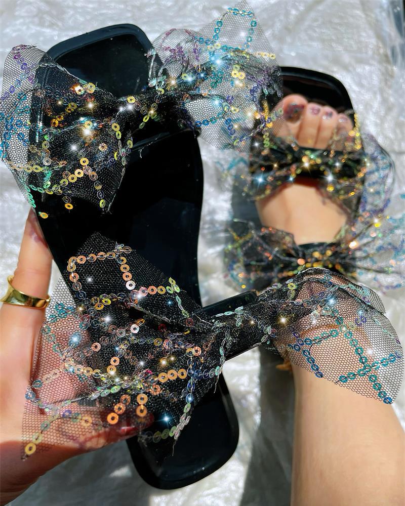 

Contrast Sequins Sheer Mesh Bowknot Double Strap Slippers, Black