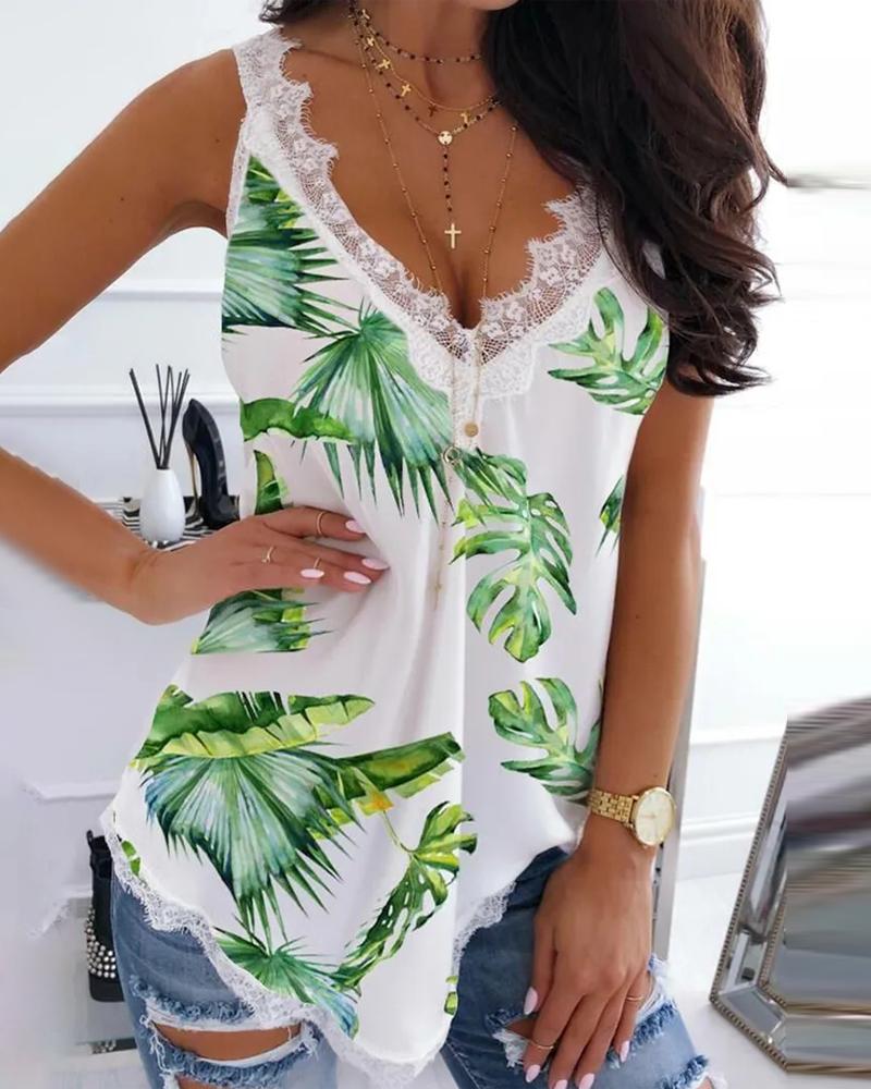 

Tropical Print Contrast Lace V-Neck Tank Top, White