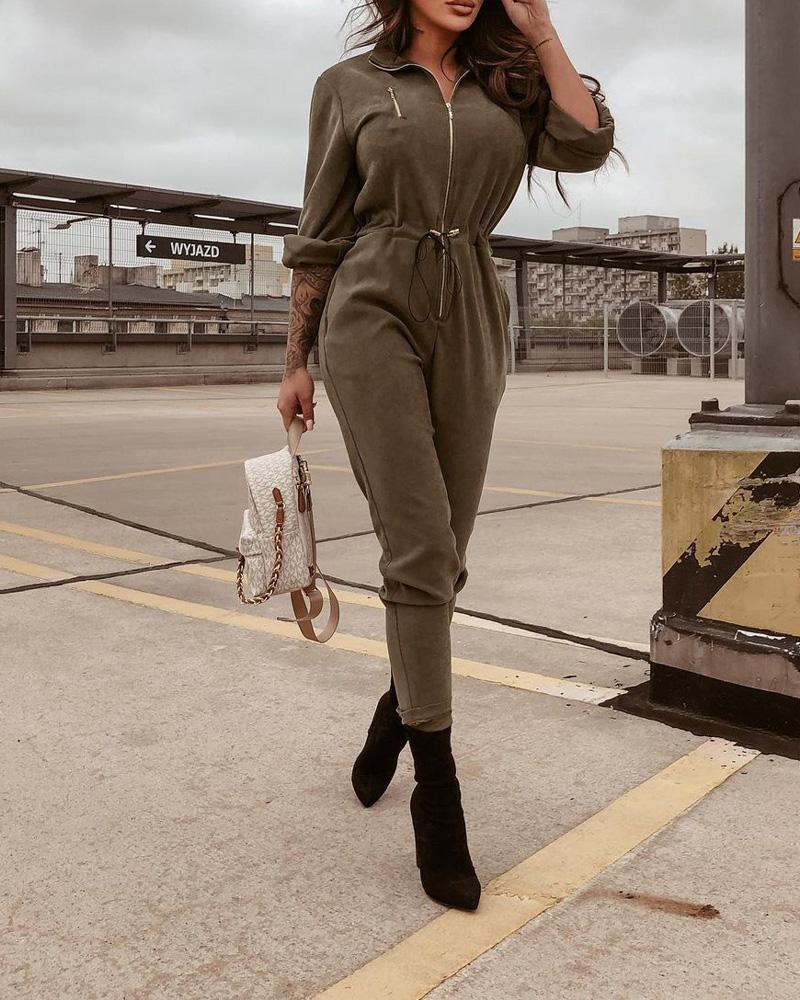 

Drawstring Zipper Front Long Sleeve Jumpsuit, Army green