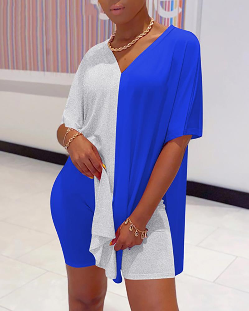 

Short Sleeve Colorblock Top & Shorts Set, Blue