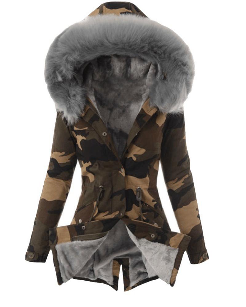

Women' Parka Casual Winter Long Coat Camouflage Print Drawstring Buttoned Lined Hooded Fur Collar Jacket, Dark grey