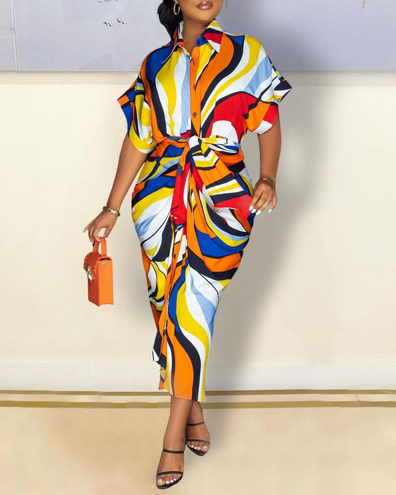 

All Over Print Buttoned Ruched Shirt Dress, Multicolor