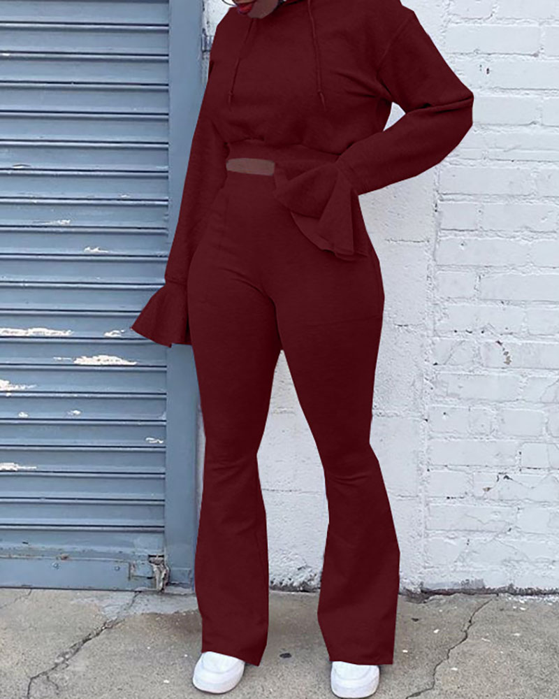 

Bell Sleeve Hooded Crop Top & High Waist Bootcut Pants Set, Wine red