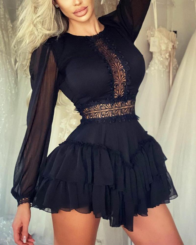 

Stitching Lace Solid Color Long Sleeve Mini Dress, Black