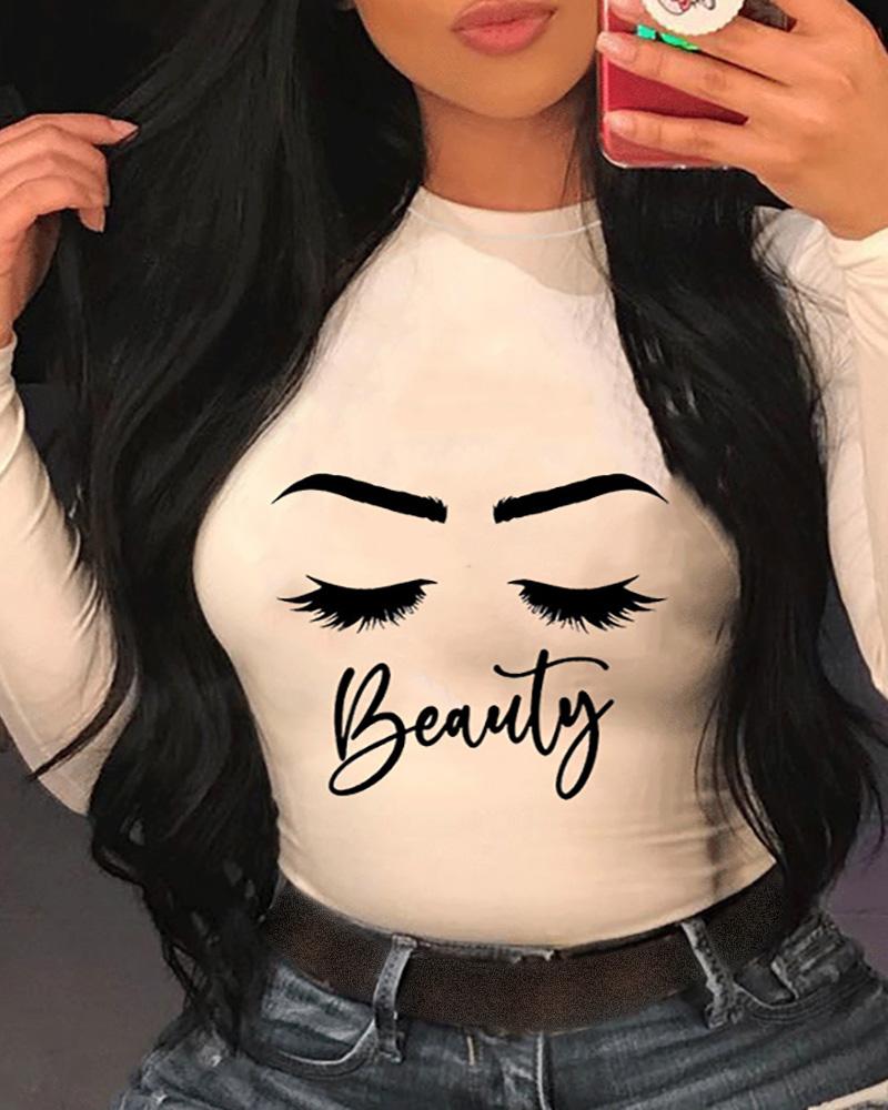 

Eyes Letter Print Casual Sweatshirt, White