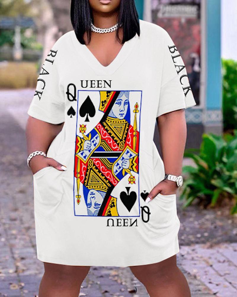 

Poker Print Pocket Design V-Neck Casual Dress, White