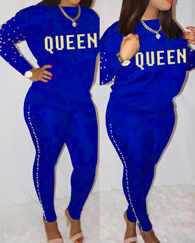 

Letter Print Beaded Top & Skinny Pants Set, Blue