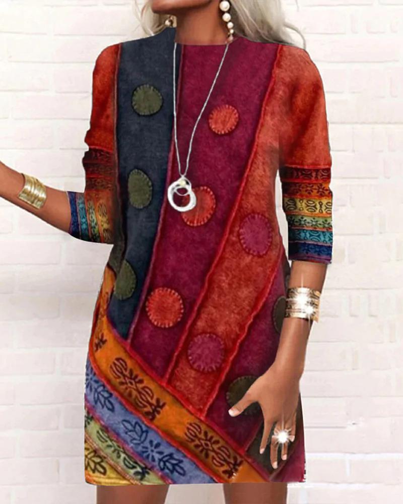 

Geometric Print Long Sleeve Casual Dress, Red