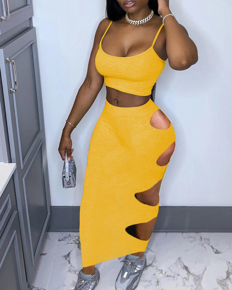 

Spaghetti Strap Crop Top & Cutout Maxi Skirt Set, Yellow