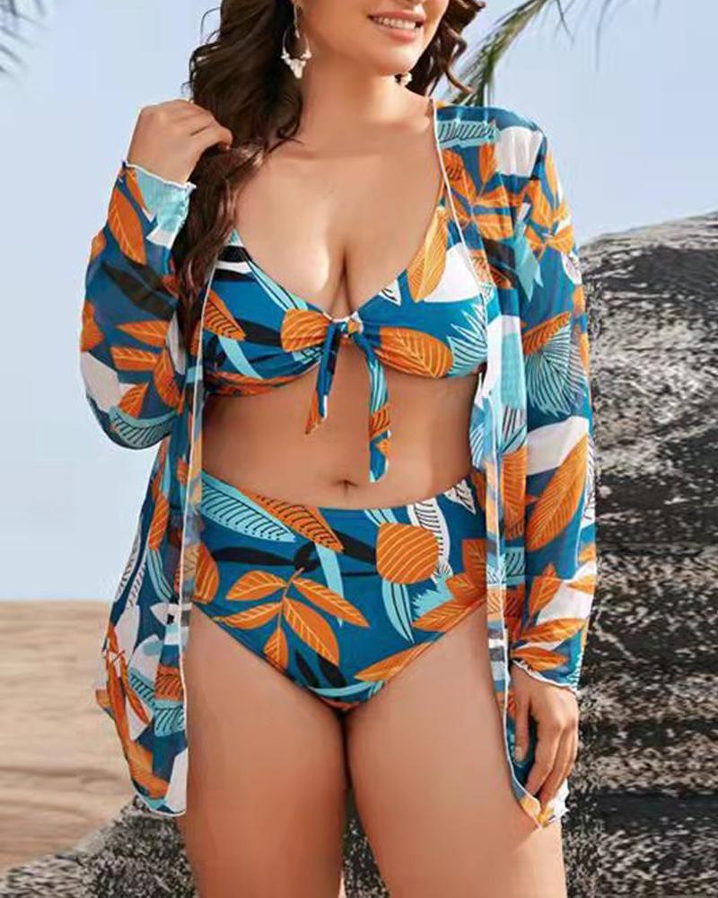 

Plus Size 3PCS Plants Print Tied Detail Bikini Set With Cover Up, Orange