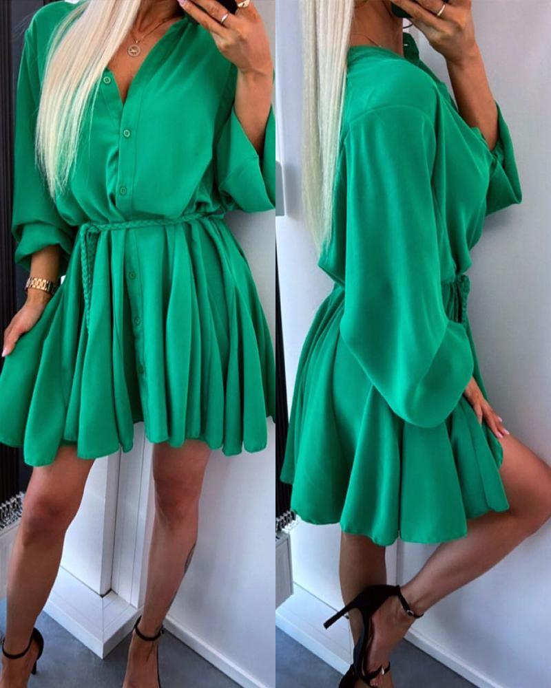 

Buttoned Tied Detail Ruched Shirt Dress, Green