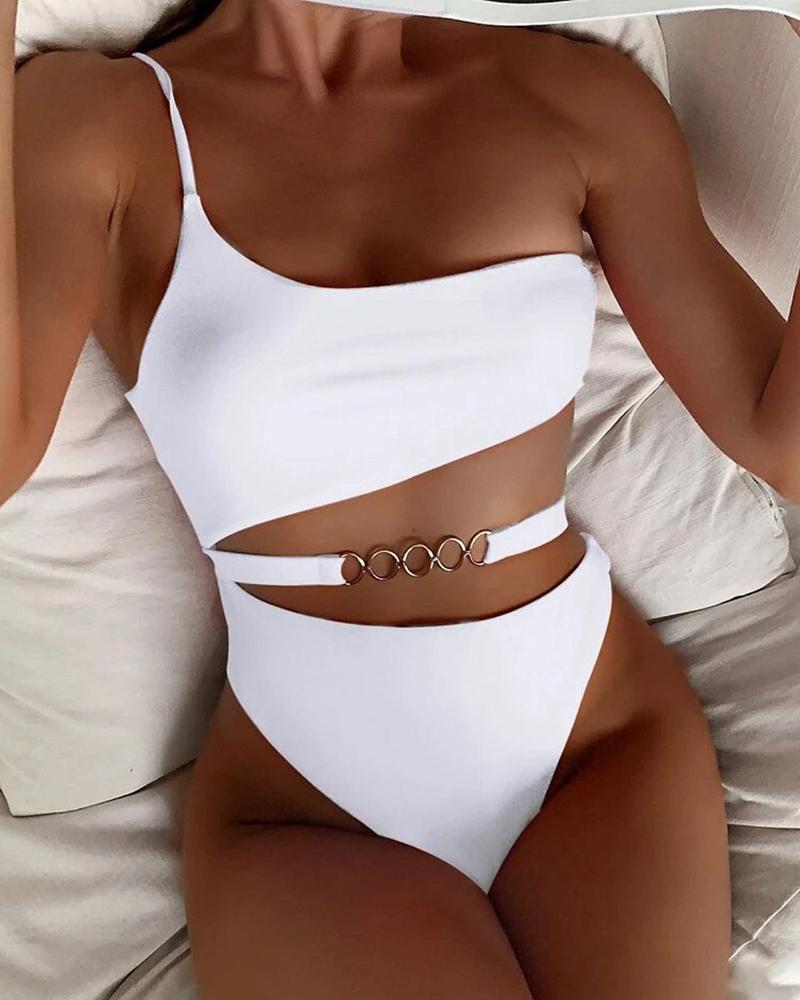 

One Shoulder Multi O-Ring Cutout One Pice Swimsuit, White