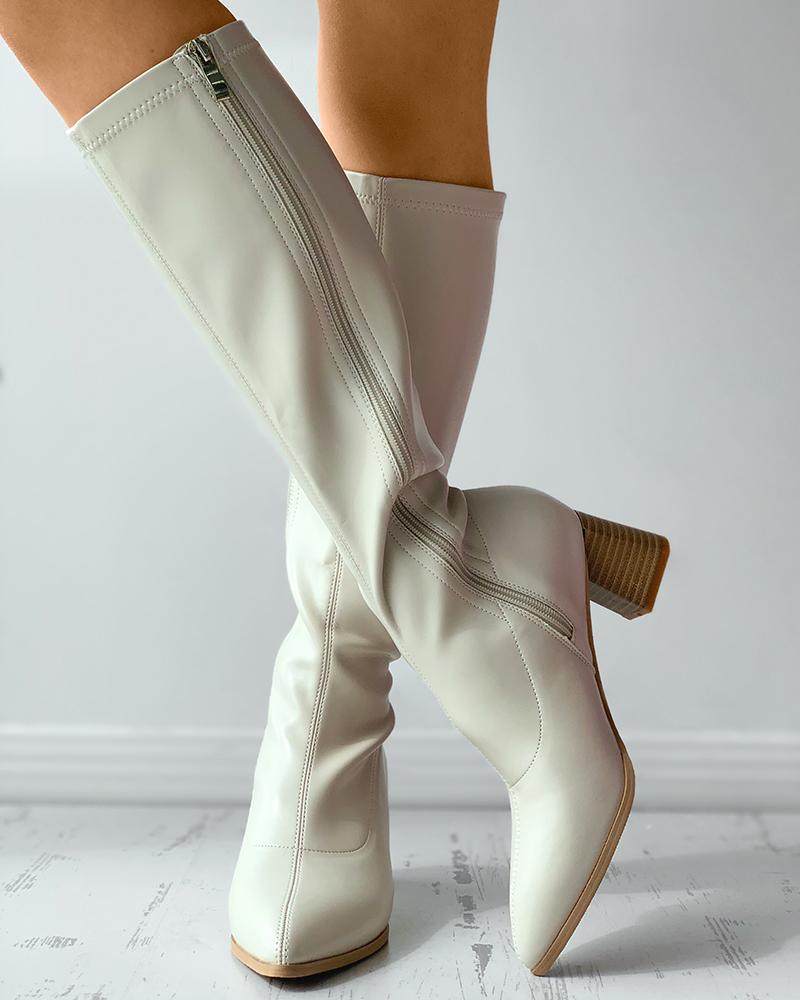

Size Zip Pointed Toe Chunky Long Boots, Beige