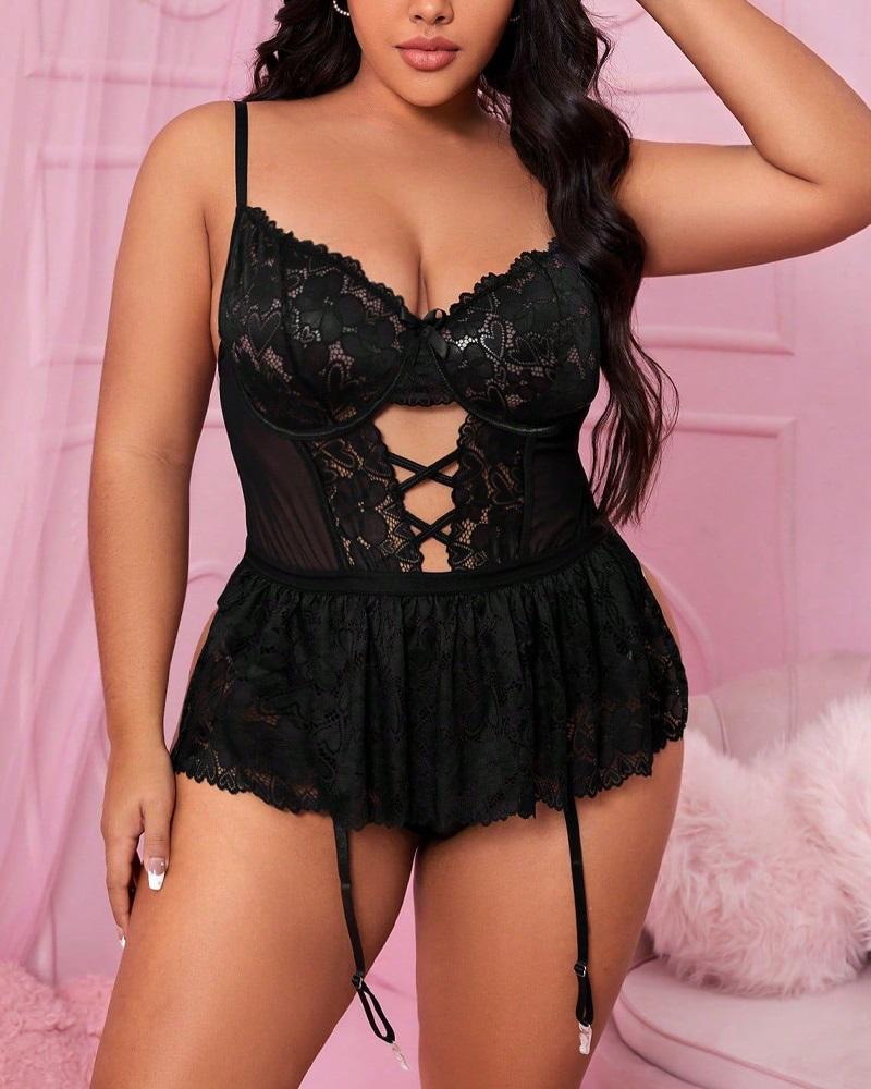 

Plus Size Cutout Sheer Mesh Lace-up Lace Teddy, Black