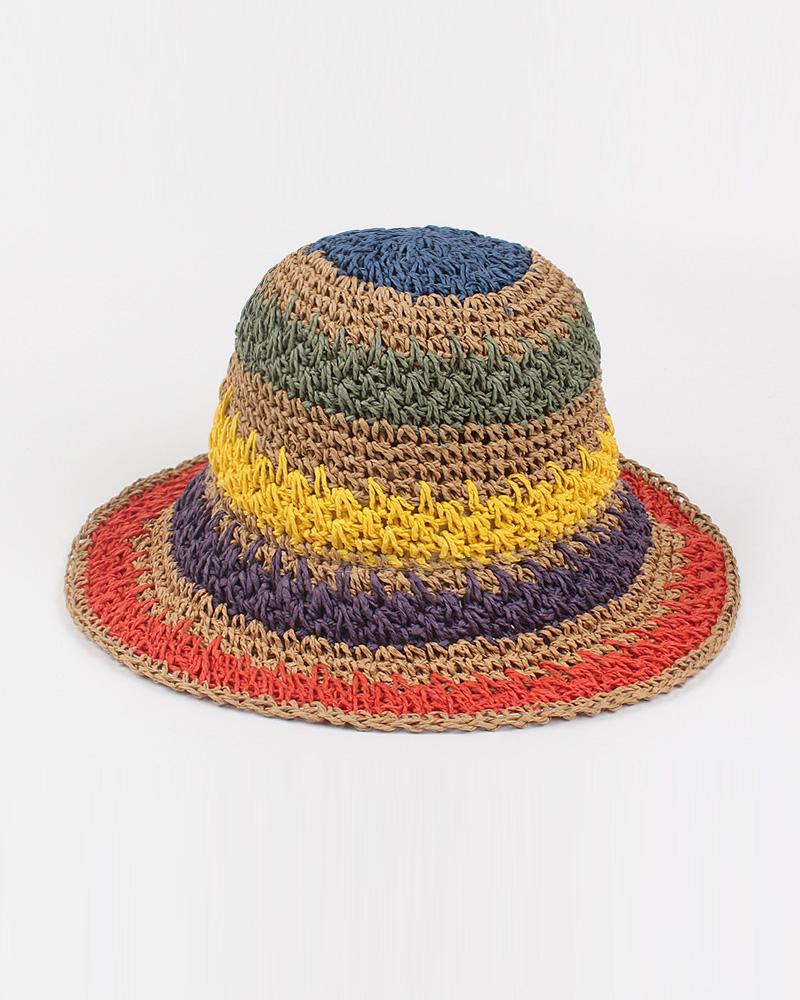 

Colorblock Striped Beach Sunhat Straw Bucket Hat, Coffee
