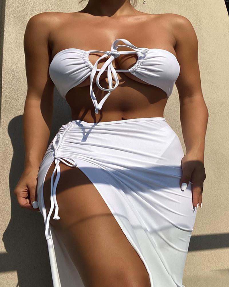 

3PCS Bikini Set With Drawstring Ruched High Slit Cover Up, White