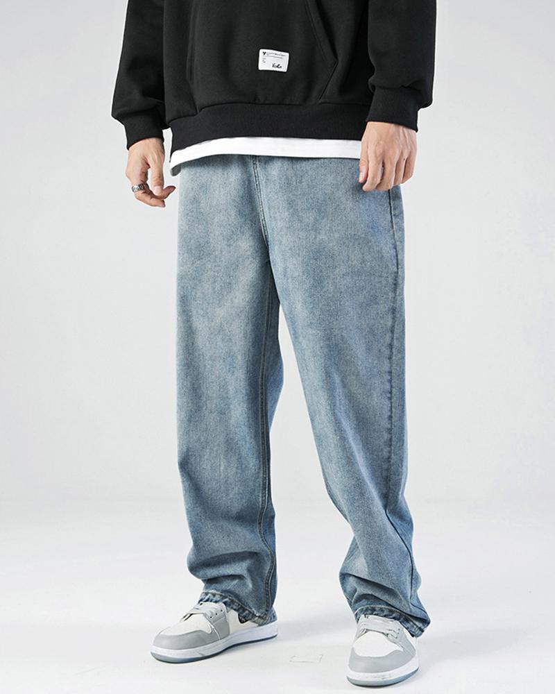 

Solid Loose Wide Leg Denim Pants, Blue