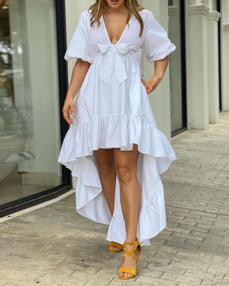 

Lantern Sleeve Knotted Dip Hem Ruffles Dress, White