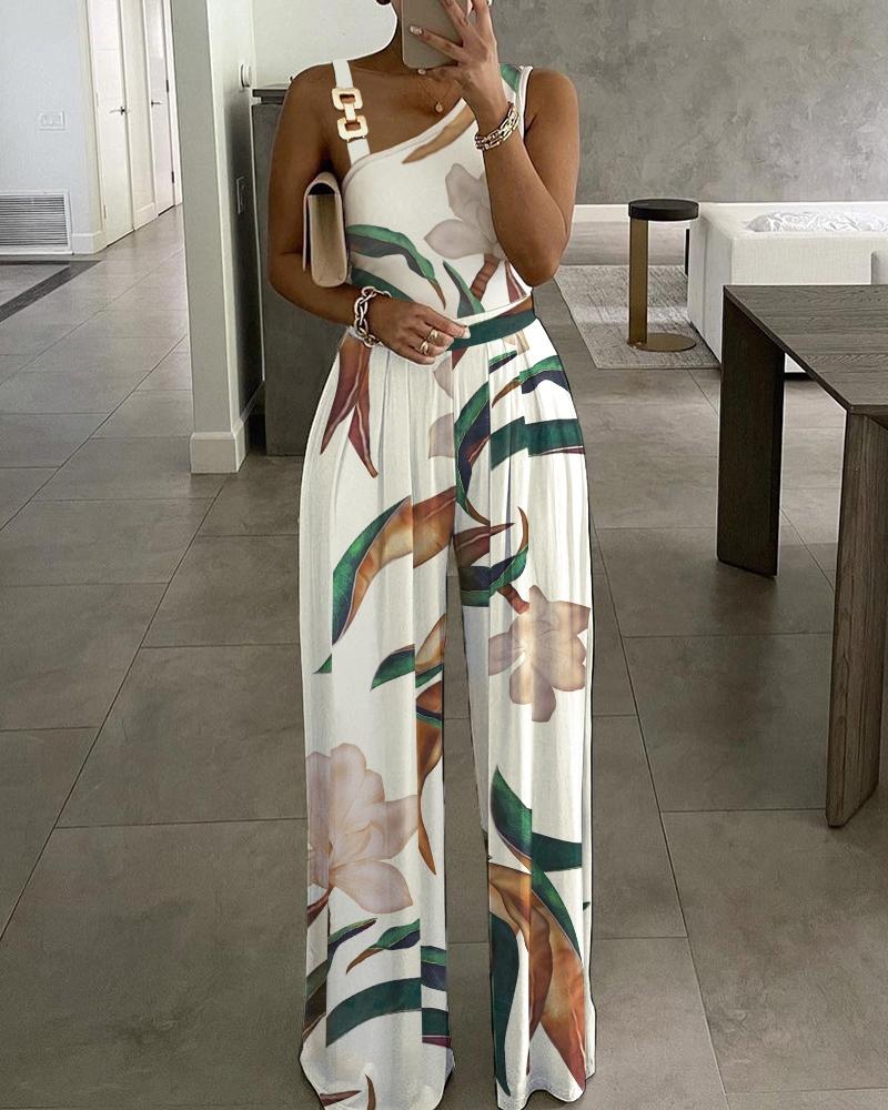 

Plants Print Asymmetrical Neck Wide Leg Jumpsuit, White