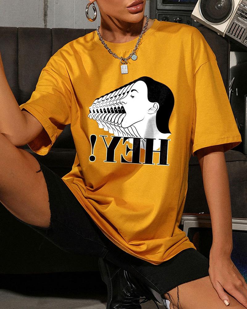 

Cartoon Figure Print Short Sleeve T-shirts, Yellow