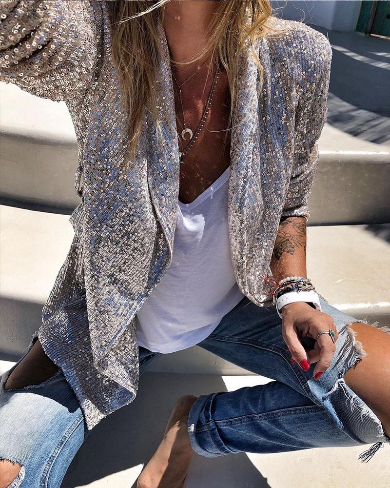 

Long Sleeve Allover Sequin Coat, Silver