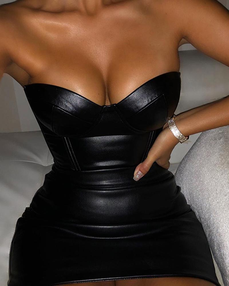 

Off Shoulder Sweetheart PU Bodycon Mini Dress, Black
