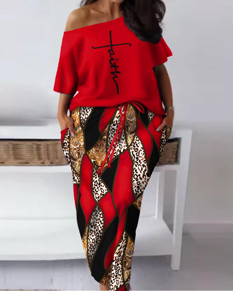 

Plus Size Faith Baroque Leopard Print Skew Neck Top & Drawstring Skirt Set, Red