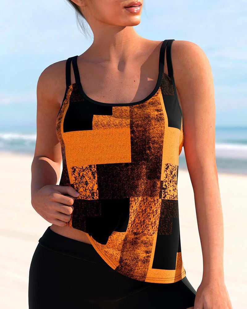 

Contrast Binding Geometric Print Tankini Set, Orange