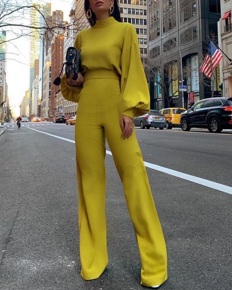 

Solid Lantern Sleeve Mock Neck Jumpsuits, Yellow