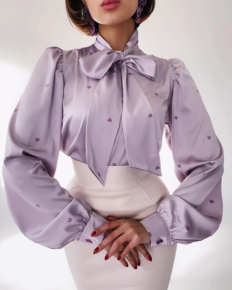 

Puff Lantern Sleeve Heart Print Satin Top, Purple