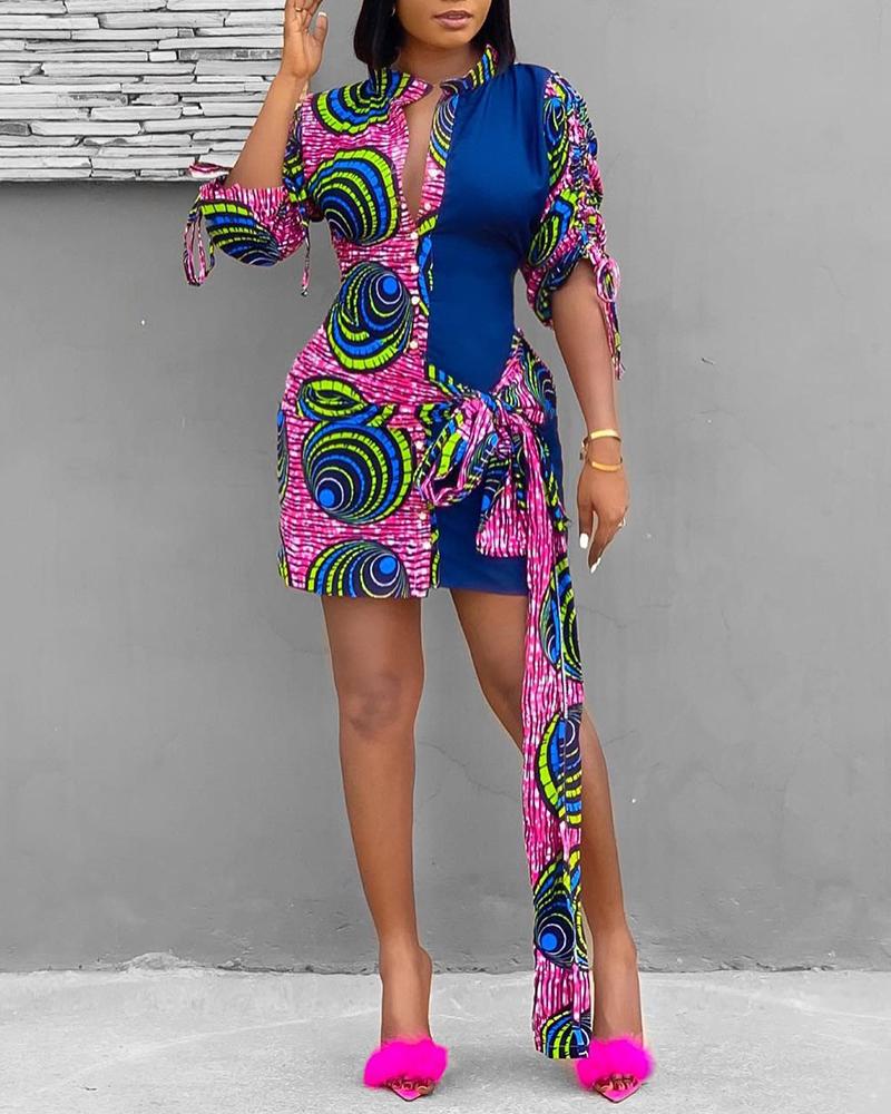 

Colorblock Graphic Print Drawstring Bodycon Dress, Blue
