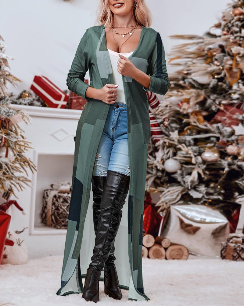 

Colorblock Long Sleeve Casual Longline Cardigan, Green