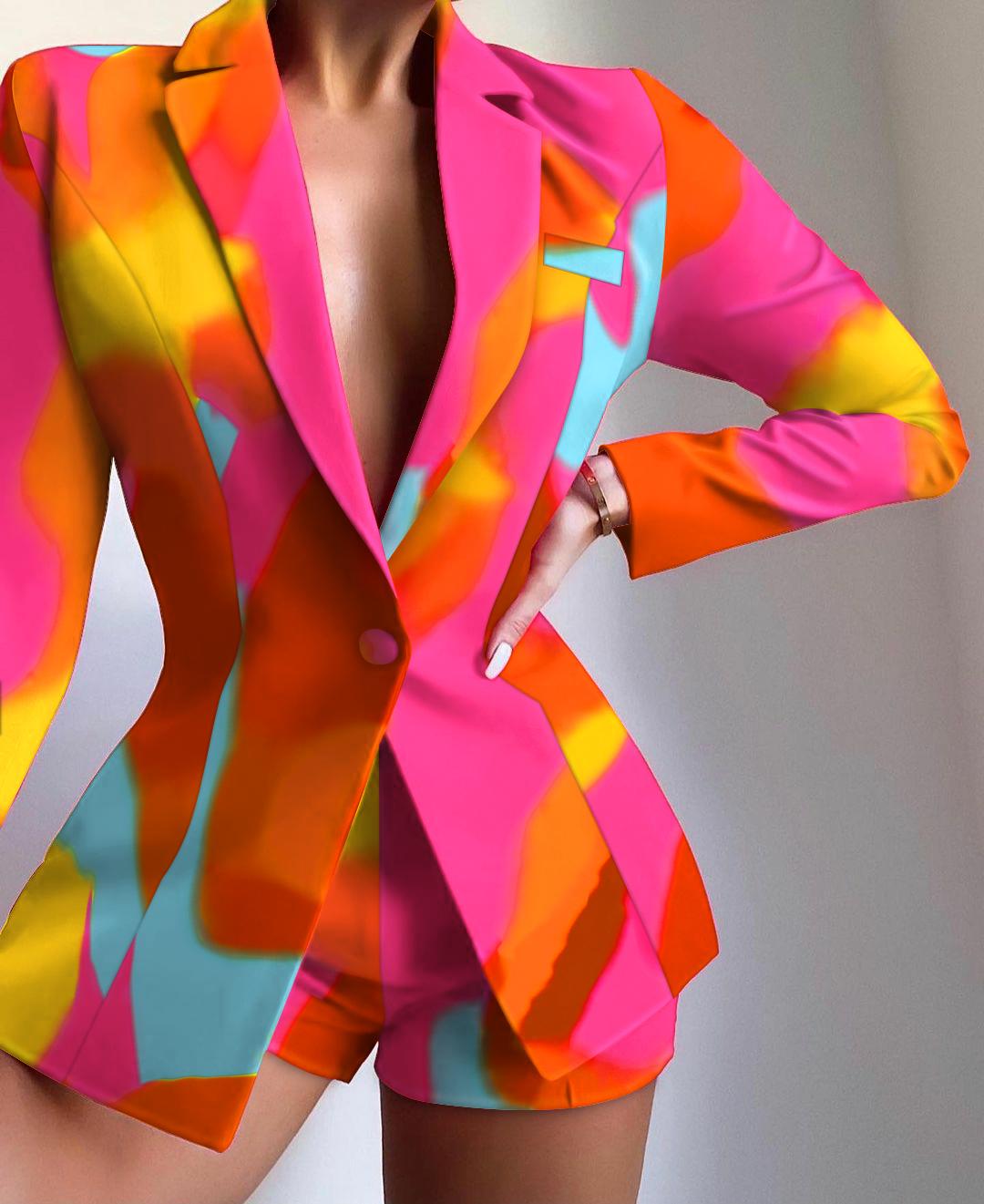 

Abstract Colorblock Print Single Button Tailored Blazer & Shorts Set, Multicolor