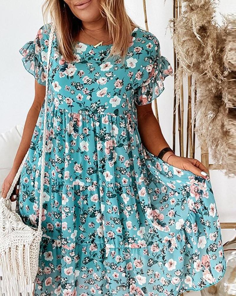 

Floral Print Ruffles Trim Casual Women Dress, Blue