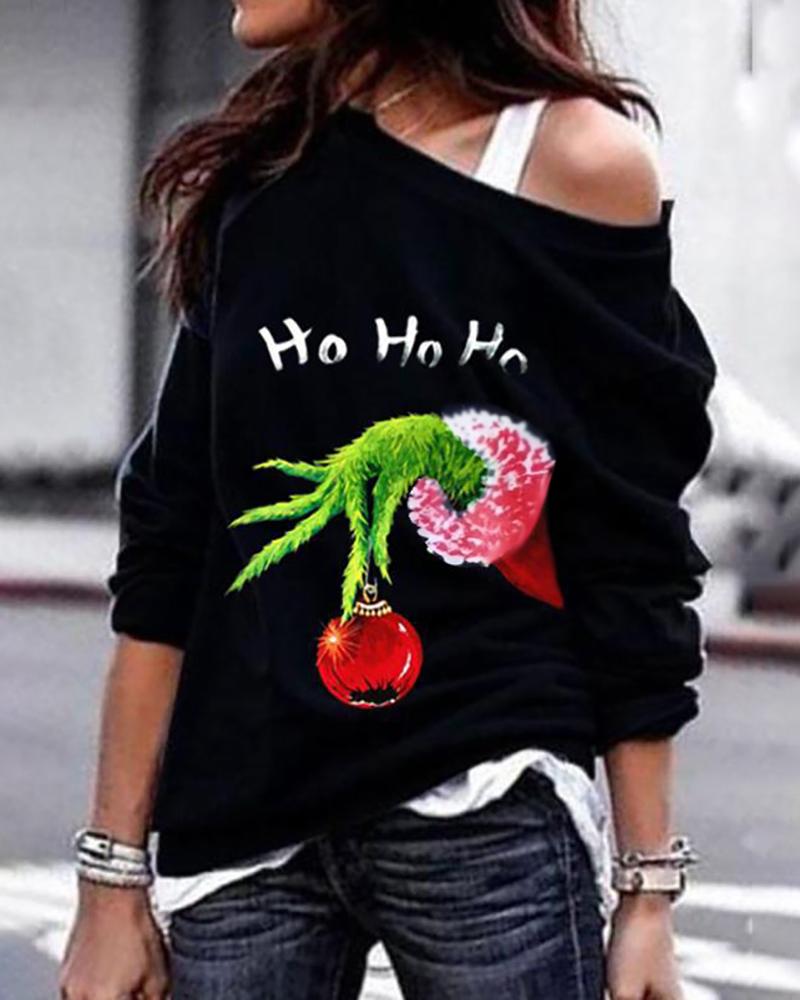 

Christmas Print Long Sleeve Sweatshirt, Black