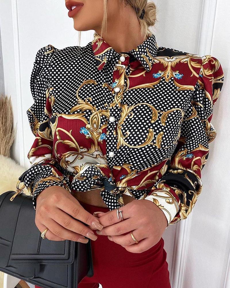 

Polkadot Print Long Sleeve Shirt, Black
