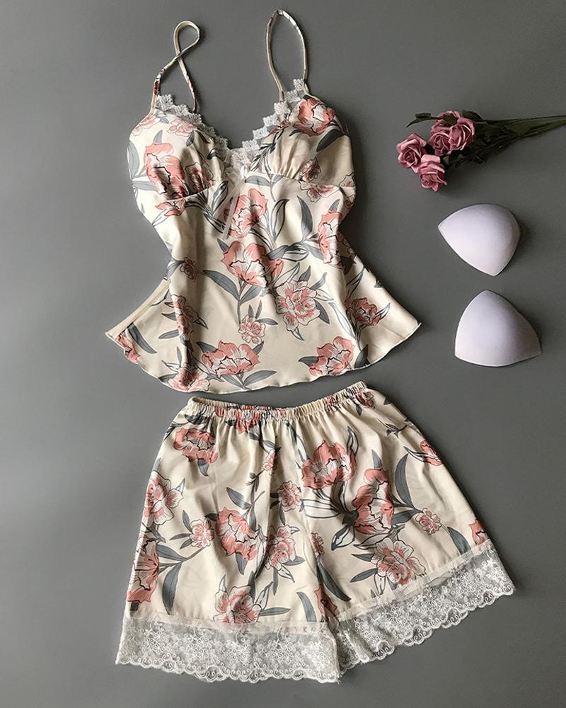

Spaghetti Strap Floral Print Trim Cami Set, Apricot