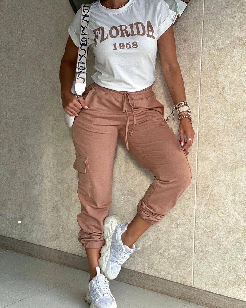 

Letter Print Short Sleeve Top & Drawstring Cuffed Pants Set, Coffee