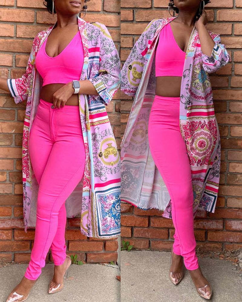 

Scarf Print Open Front Longline Top, Pink