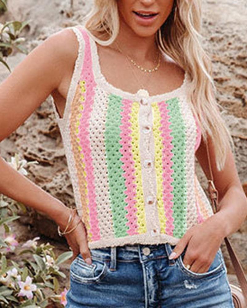 

Striped Colorblock Buttoned Crochet Tank Top, Pink