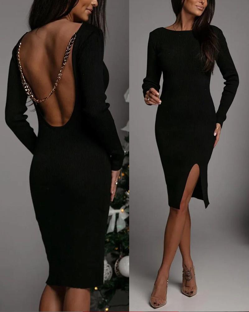 

Chain Decor Backless Split Hem Bodycon Dress, Black