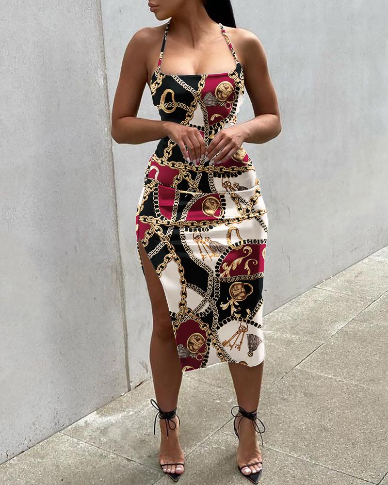 

Chain Print Cisscross Backless High Slit Print Dress, Wine red